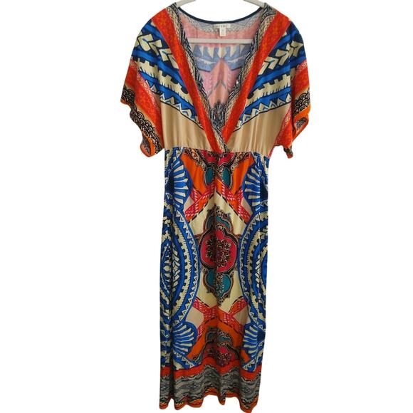 Bohemian Festival Maxidress Dopamine V neck flowy tribal lightweight orange blue - Picture 1 of 8